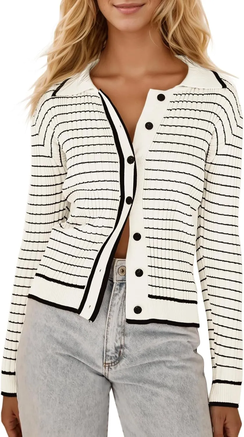 Saodimallsu Womens Striped Cardigan Collared Button Down Long Sleeve Open Front Ribbed Fitted Sweaters