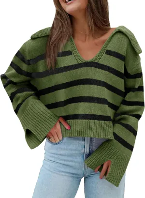 Saodimallsu Womens Striped Sweater V Neck Collared Fall Trendy Knitted Long Sleeve Loose Pullover Sweaters