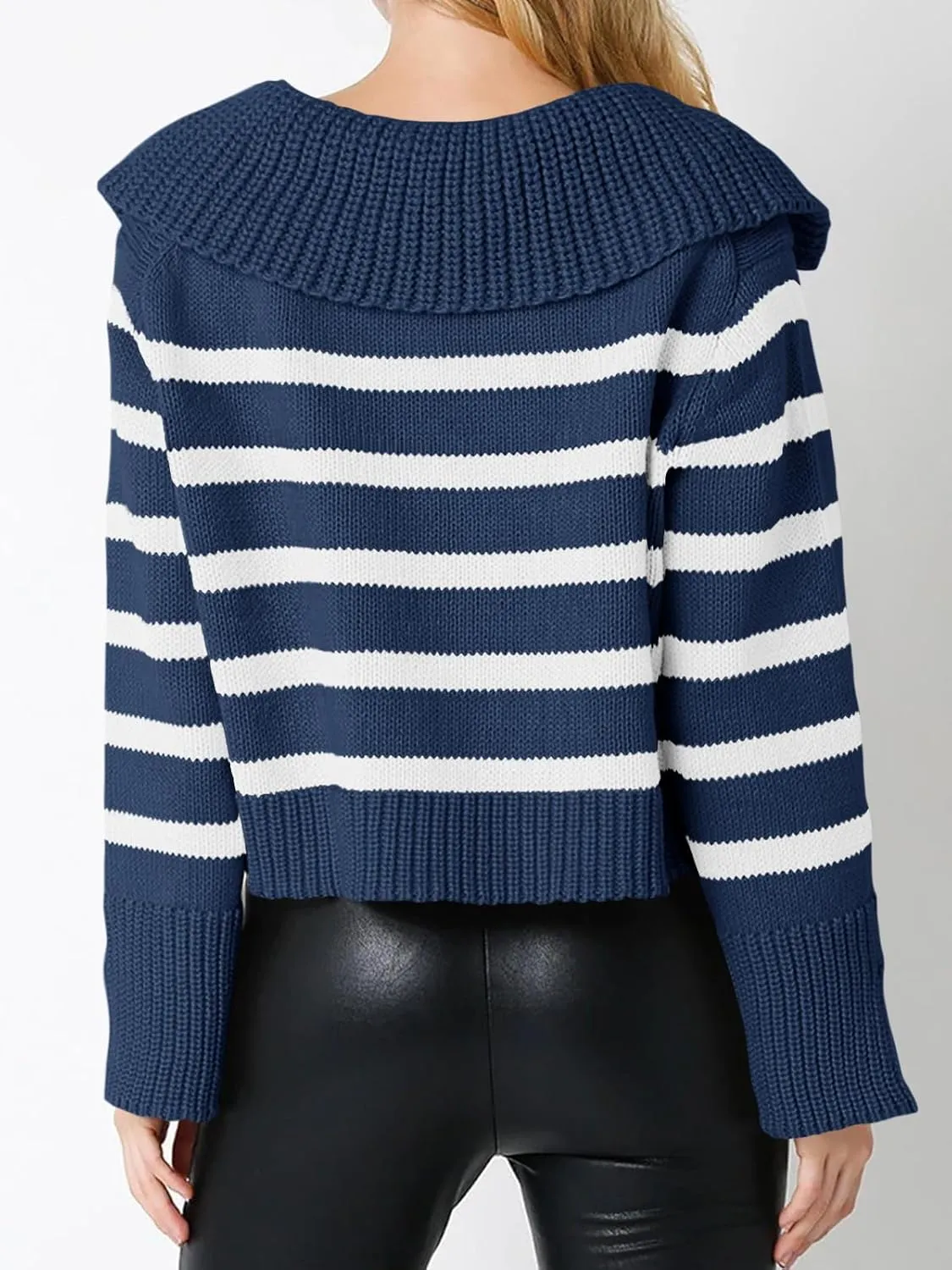 Saodimallsu Womens Striped Sweater V Neck Collared Fall Trendy Knitted Long Sleeve Loose Pullover Sweaters