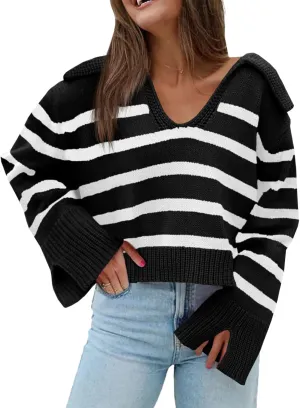 Saodimallsu Womens Striped Sweater V Neck Collared Fall Trendy Knitted Long Sleeve Loose Pullover Sweaters