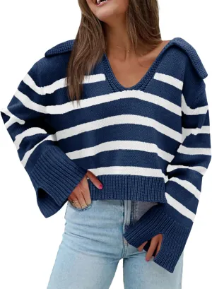Saodimallsu Womens Striped Sweater V Neck Collared Fall Trendy Knitted Long Sleeve Loose Pullover Sweaters