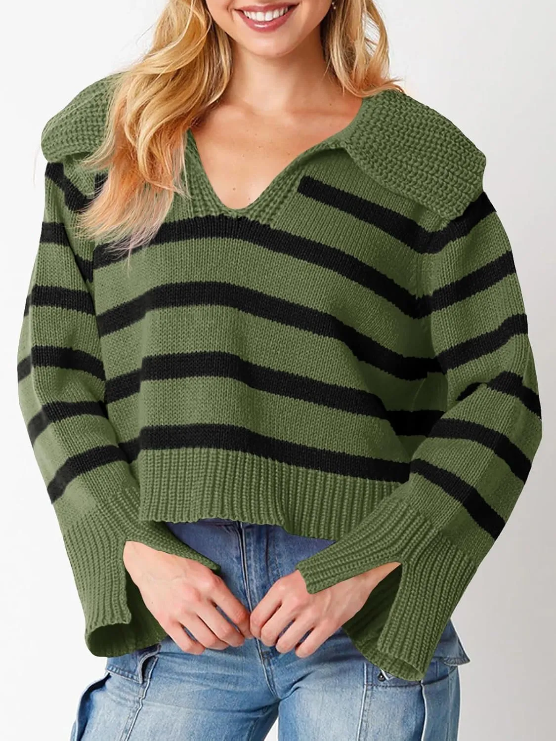 Saodimallsu Womens Striped Sweater V Neck Collared Fall Trendy Knitted Long Sleeve Loose Pullover Sweaters