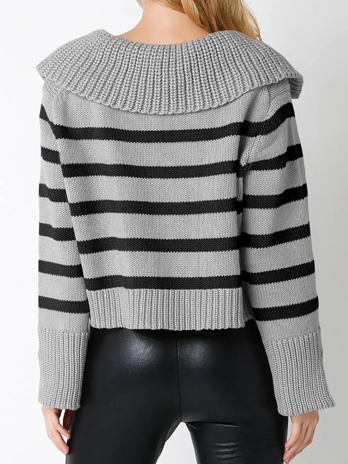 Saodimallsu Womens Striped Sweater V Neck Collared Fall Trendy Knitted Long Sleeve Loose Pullover Sweaters