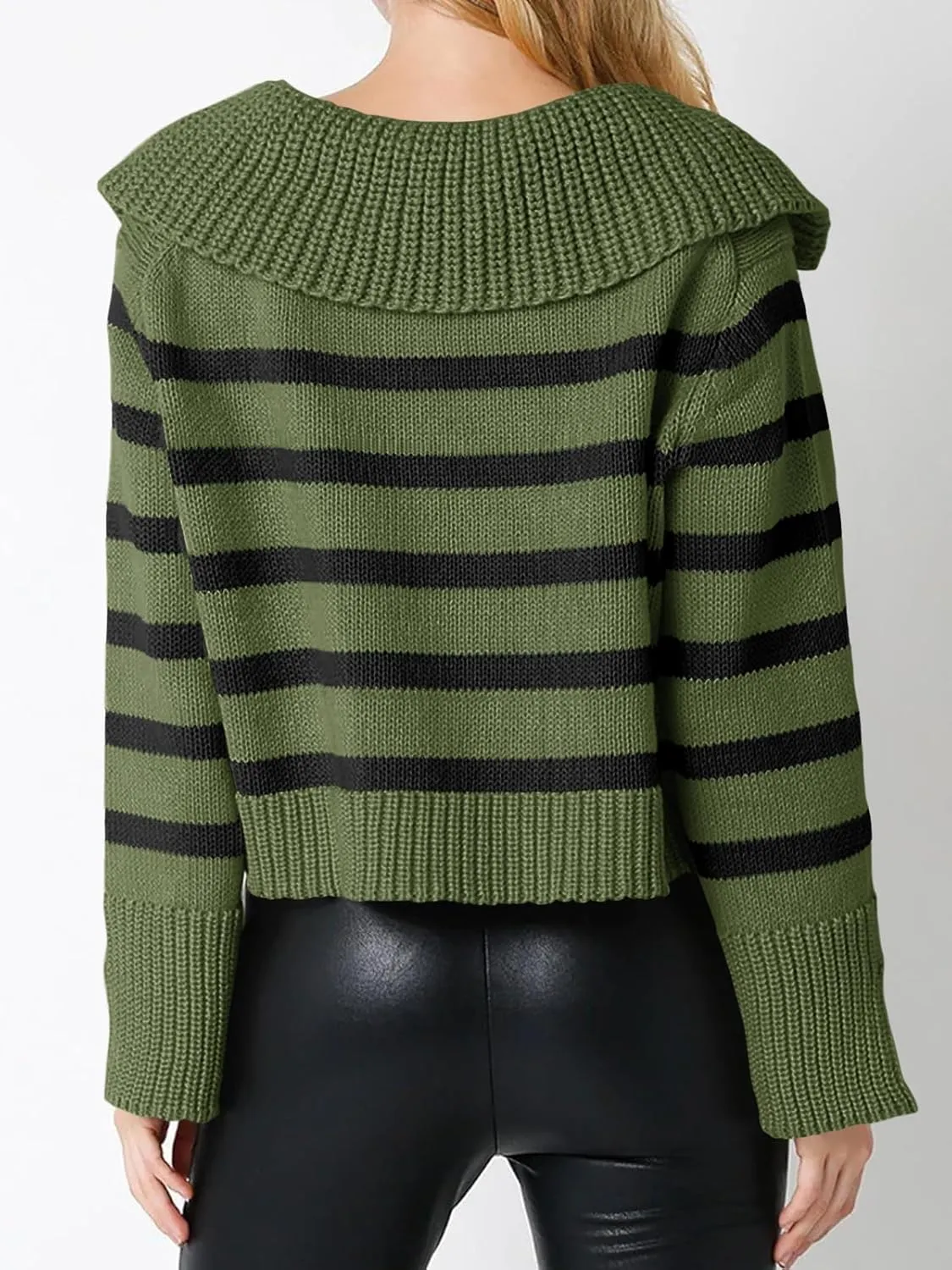 Saodimallsu Womens Striped Sweater V Neck Collared Fall Trendy Knitted Long Sleeve Loose Pullover Sweaters