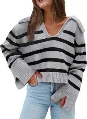 Saodimallsu Womens Striped Sweater V Neck Collared Fall Trendy Knitted Long Sleeve Loose Pullover Sweaters