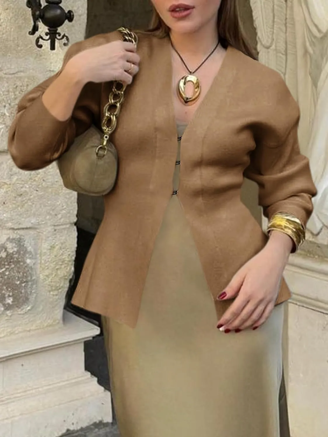 Saodimallsu Womens V Neck Sweater Blazer Peplum Long Sleeve Knit Open Front Split Cardigan Sweaters