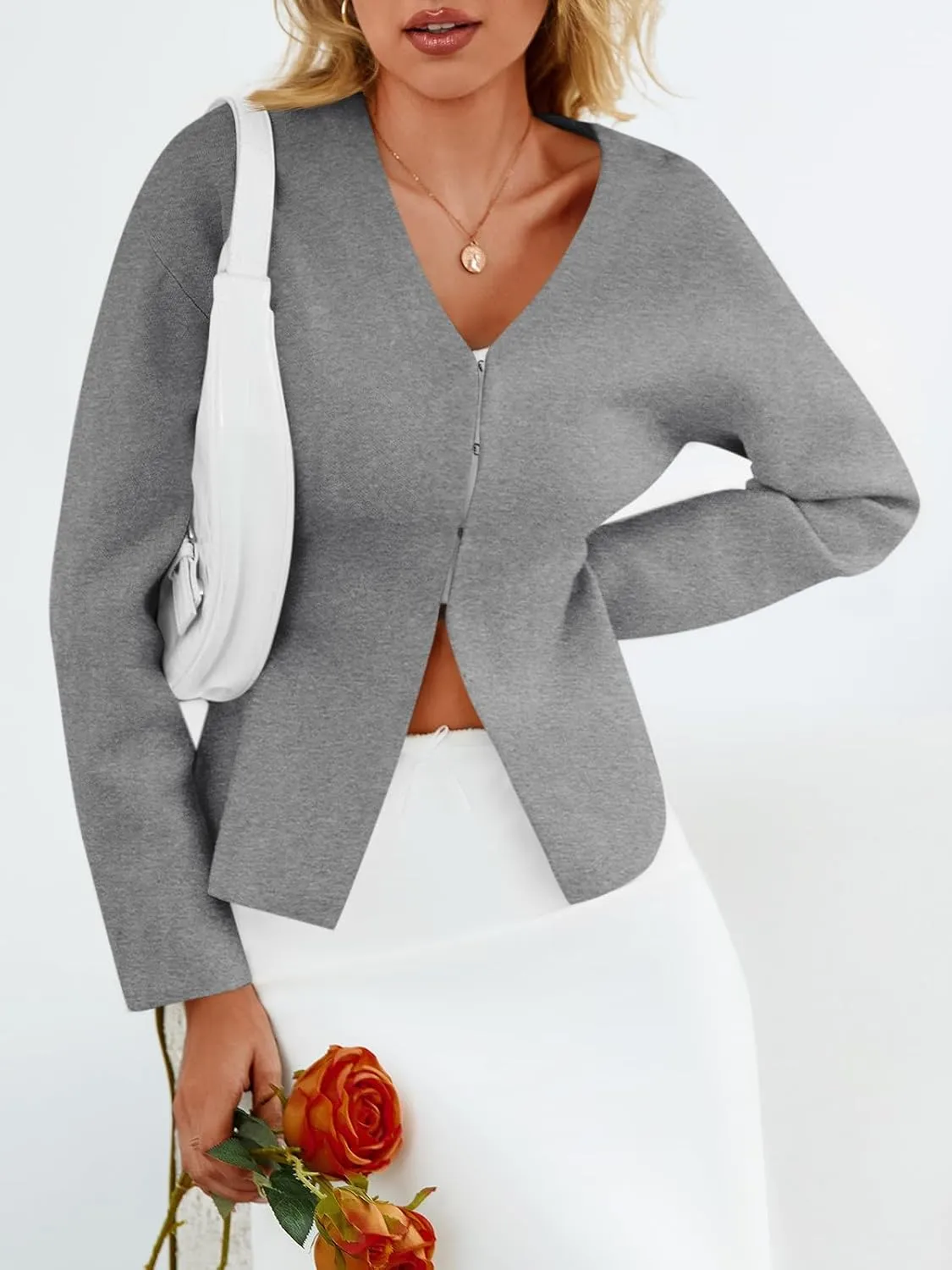 Saodimallsu Womens V Neck Sweater Blazer Peplum Long Sleeve Knit Open Front Split Cardigan Sweaters