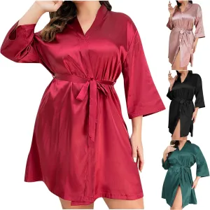 Satin Bathrobe Womens 3/4 Sleeve Pajamas Robe with Belt Solid Sleepwear Soft Nightwear Nightgown Plus Size Nightdress