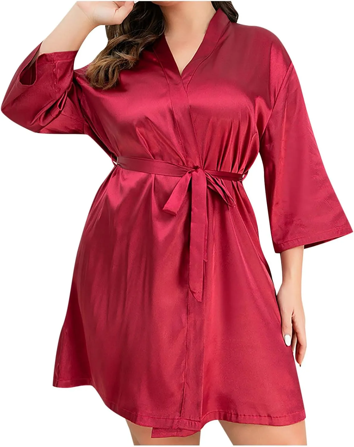 Satin Bathrobe Womens 3/4 Sleeve Pajamas Robe with Belt Solid Sleepwear Soft Nightwear Nightgown Plus Size Nightdress