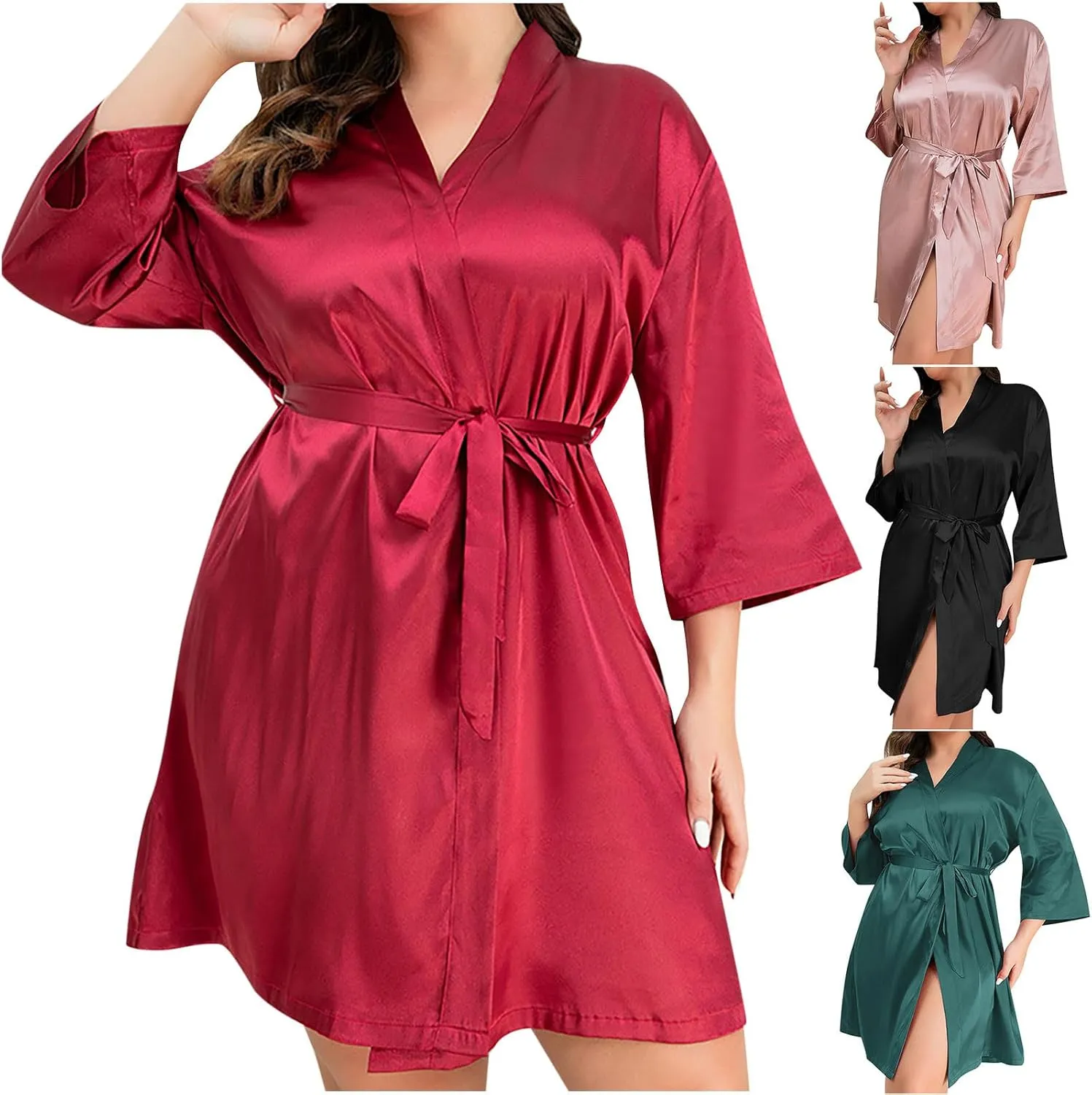 Satin Bathrobe Womens 3/4 Sleeve Pajamas Robe with Belt Solid Sleepwear Soft Nightwear Nightgown Plus Size Nightdress