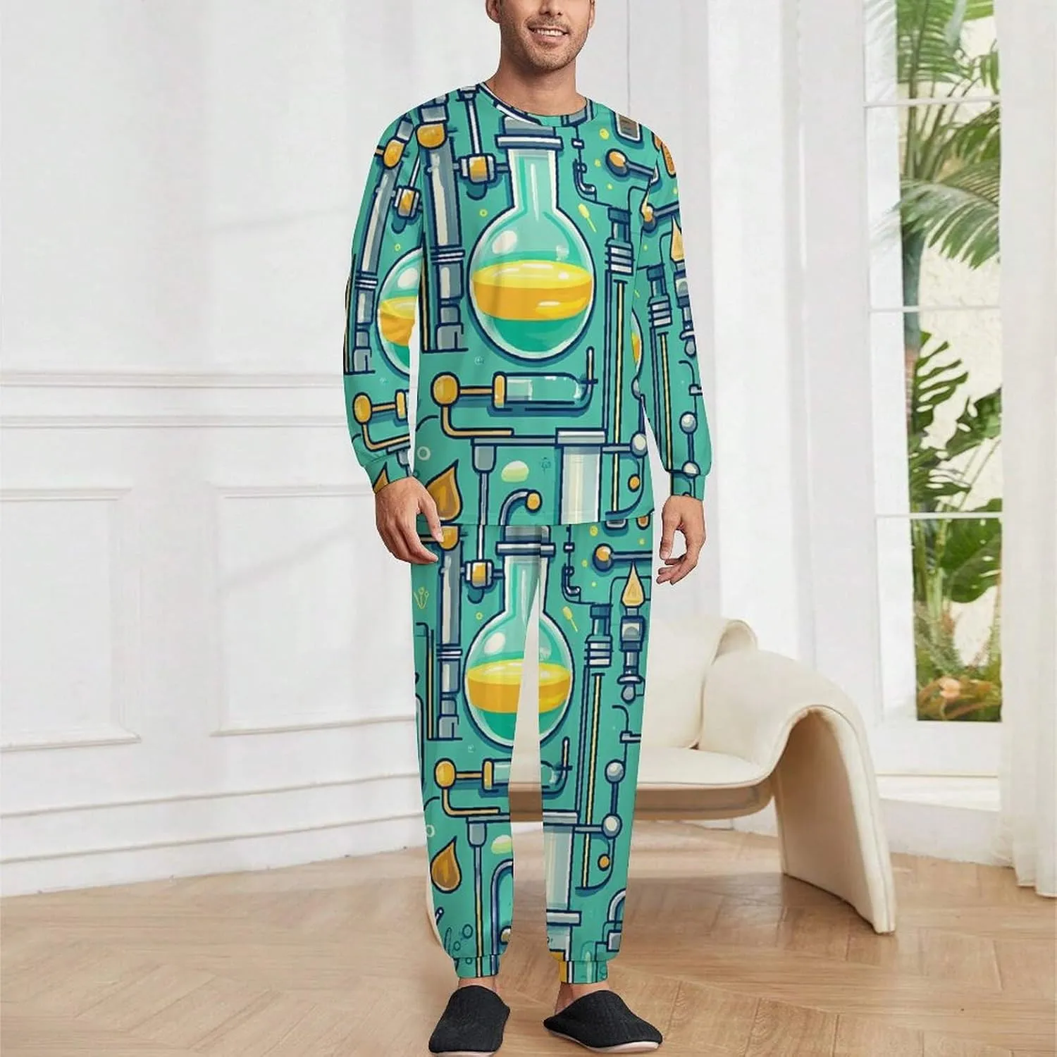 Scientific Instrumen Soft Mens Pajamas Set Round Neck Pullover Long Sleeve And Pants Loungewear 2 Piece Pjs Set