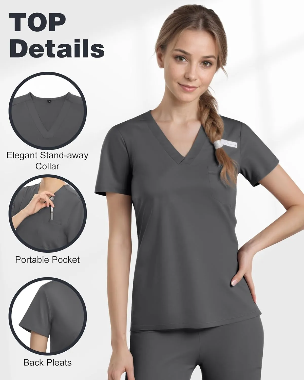 Scrubs for Women, Stretchy V-Neck Scrubs Top with 2 Pockets and 4-Way Stretch Fabric