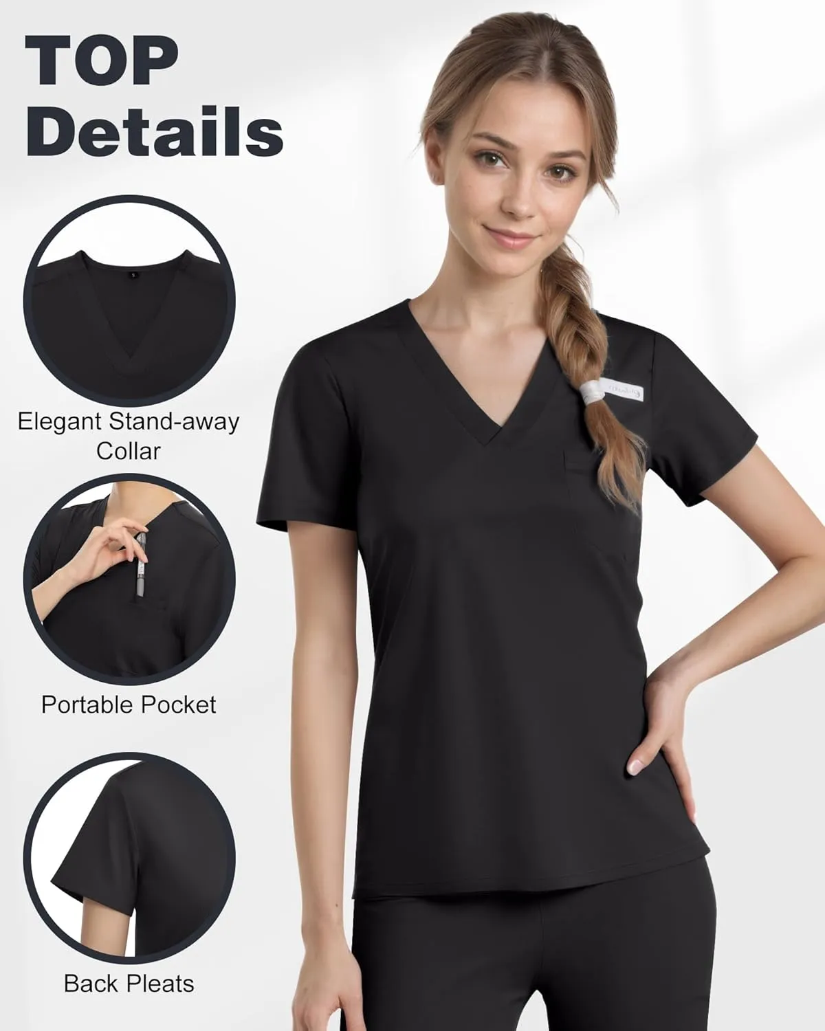 Scrubs for Women, Stretchy V-Neck Scrubs Top with 2 Pockets and 4-Way Stretch Fabric