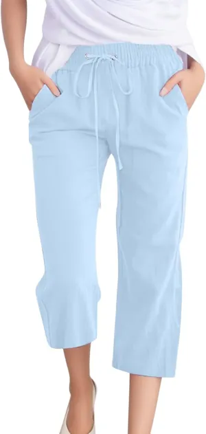 sdbrld Womens Linen Pants High Waisted Summer Capri Pants Elastic Waist Solid Pants Comfy Straight Leg Trousers with Pockets