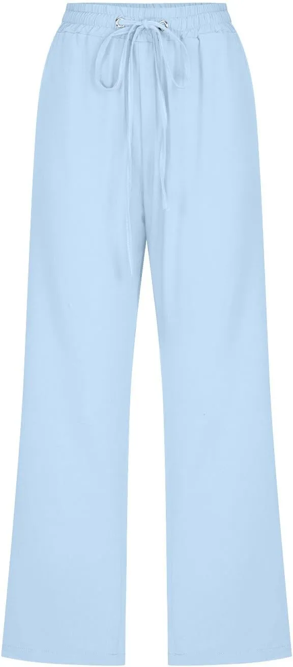 sdbrld Womens Linen Pants High Waisted Summer Capri Pants Elastic Waist Solid Pants Comfy Straight Leg Trousers with Pockets