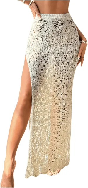 SHENHE Women's Crochet Swim Cover Up High Slit Sheer Long Beach Skirt Cover Up