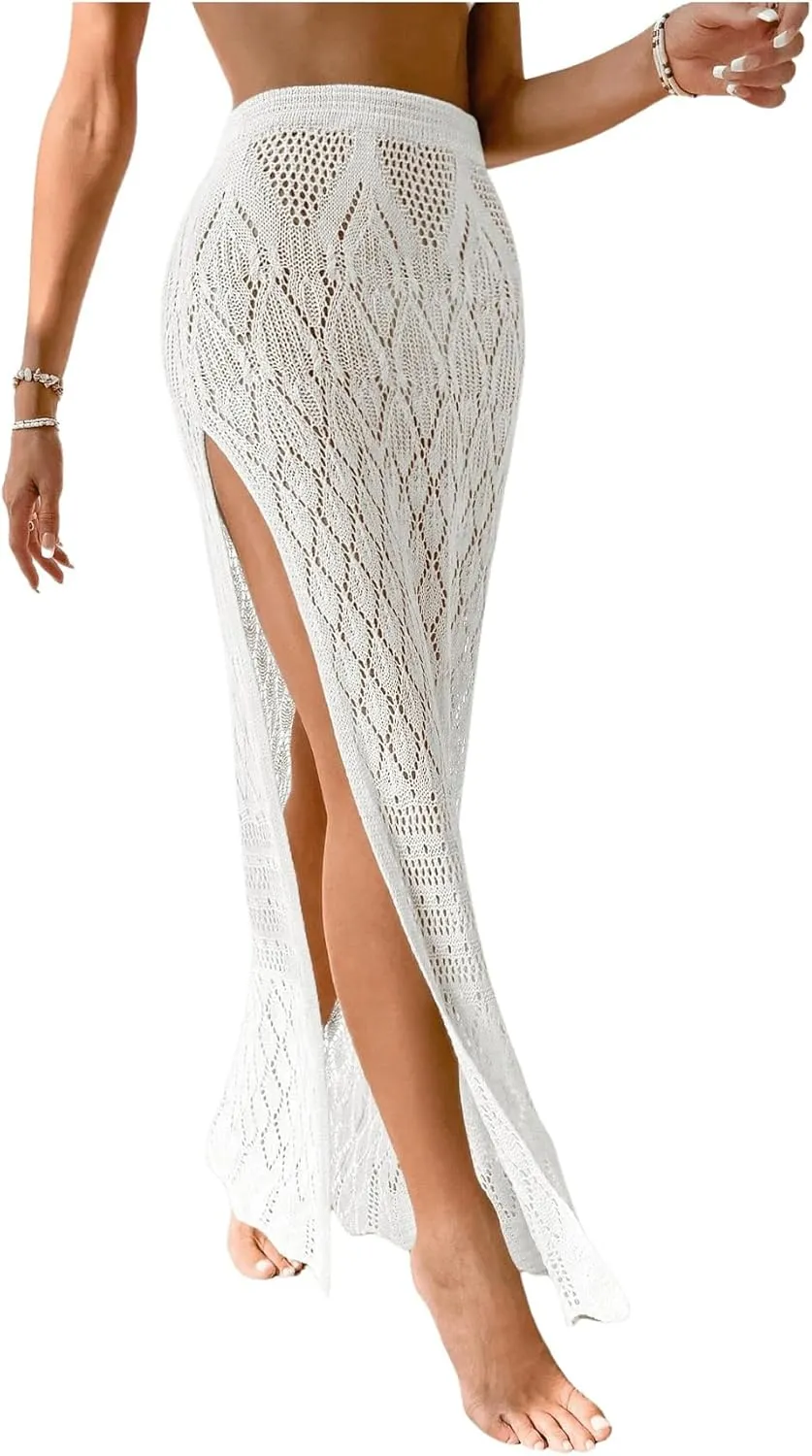 SHENHE Women's Crochet Swim Cover Up High Slit Sheer Long Beach Skirt Cover Up