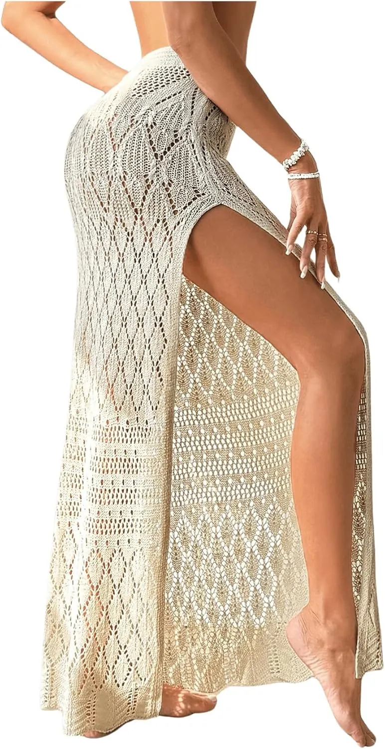 SHENHE Women's Crochet Swim Cover Up High Slit Sheer Long Beach Skirt Cover Up