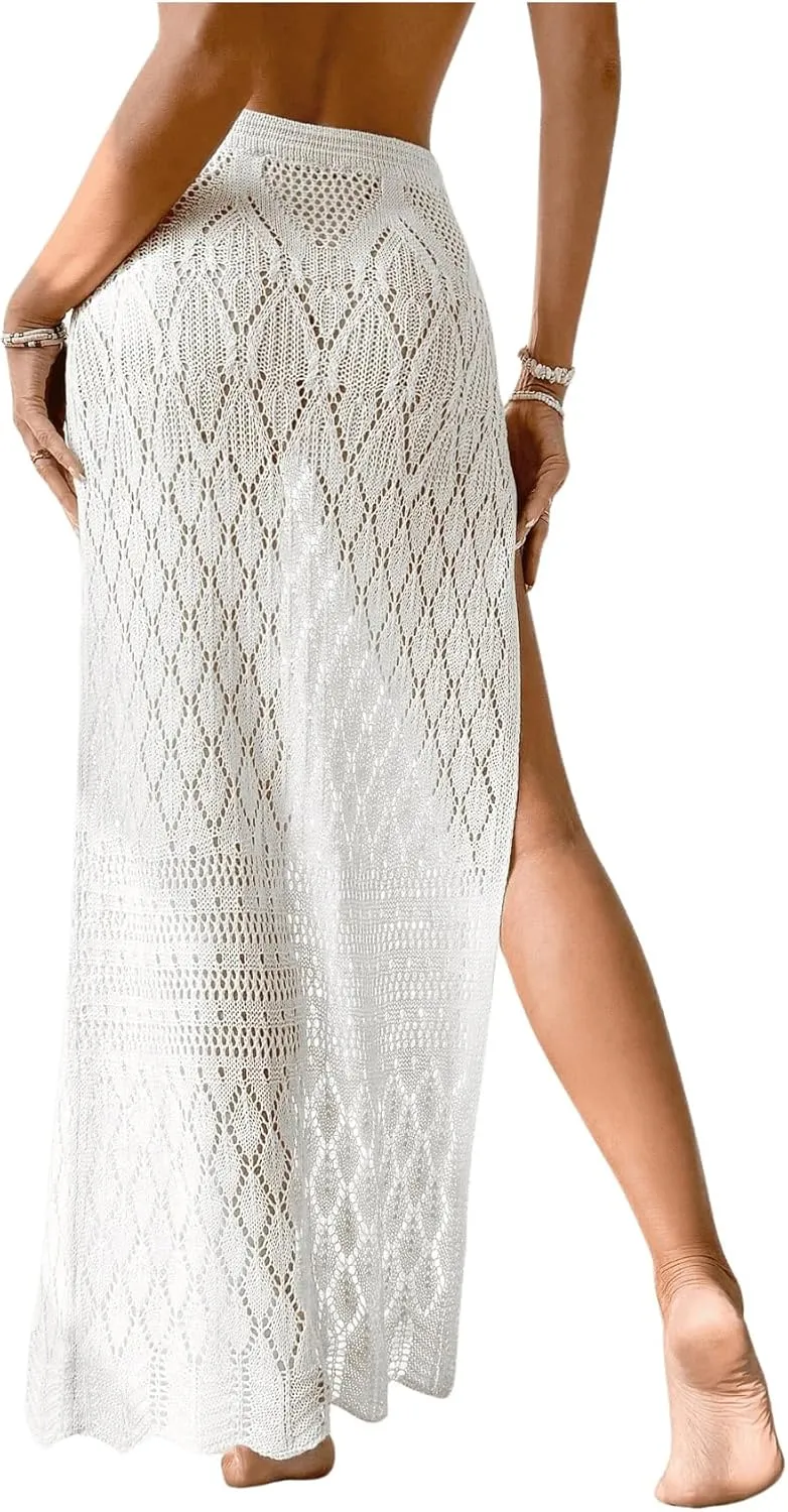 SHENHE Women's Crochet Swim Cover Up High Slit Sheer Long Beach Skirt Cover Up