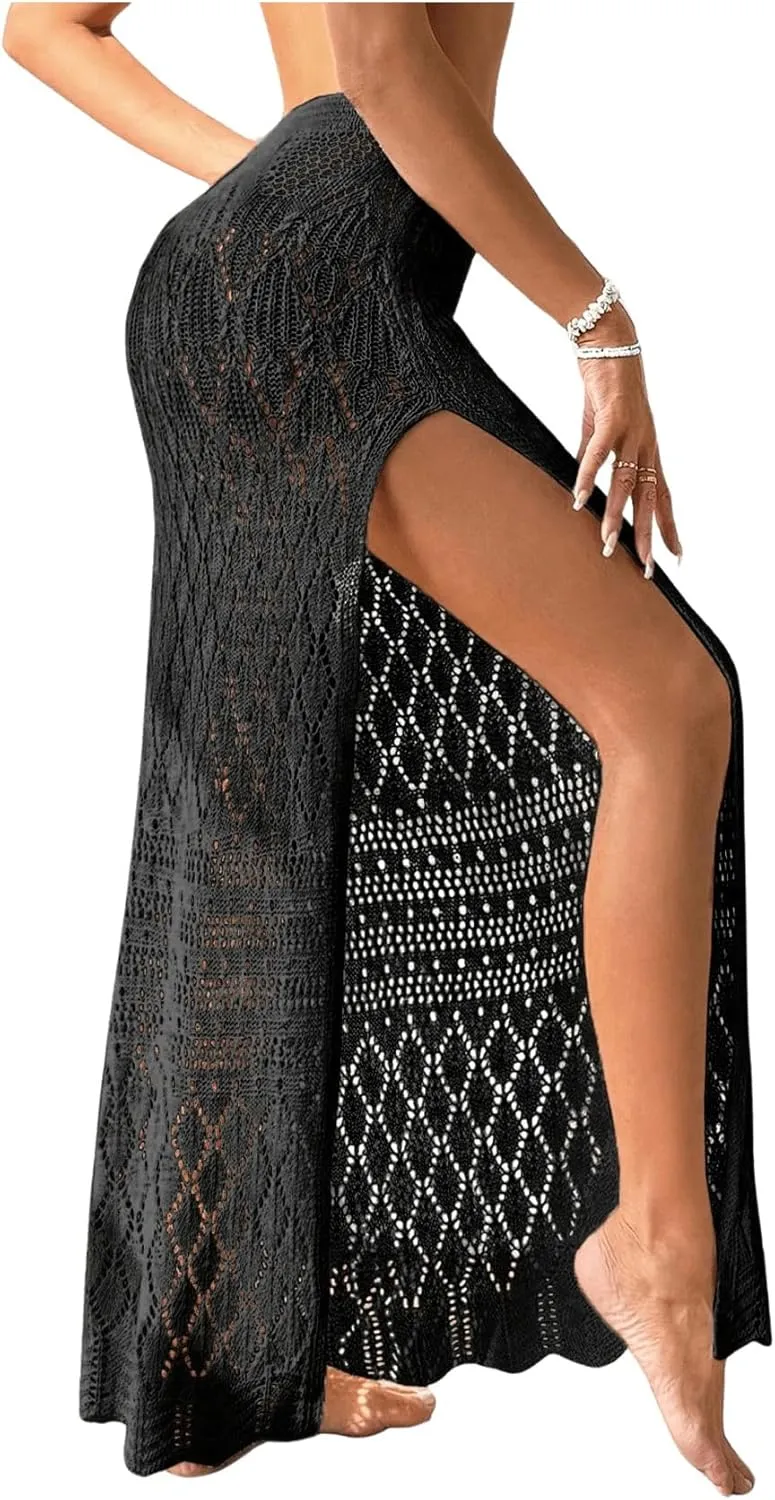 SHENHE Women's Crochet Swim Cover Up High Slit Sheer Long Beach Skirt Cover Up