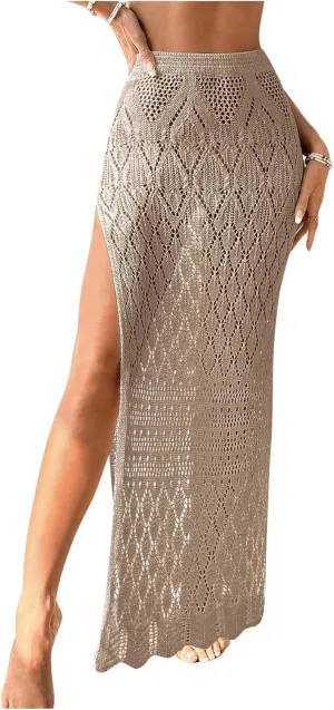 SHENHE Women's Crochet Swim Cover Up High Slit Sheer Long Beach Skirt Cover Up
