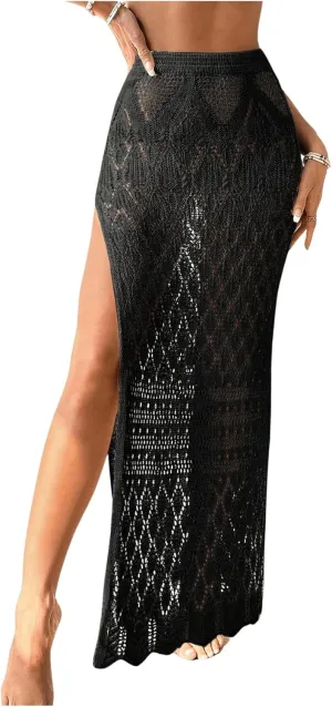 SHENHE Women's Crochet Swim Cover Up High Slit Sheer Long Beach Skirt Cover Up