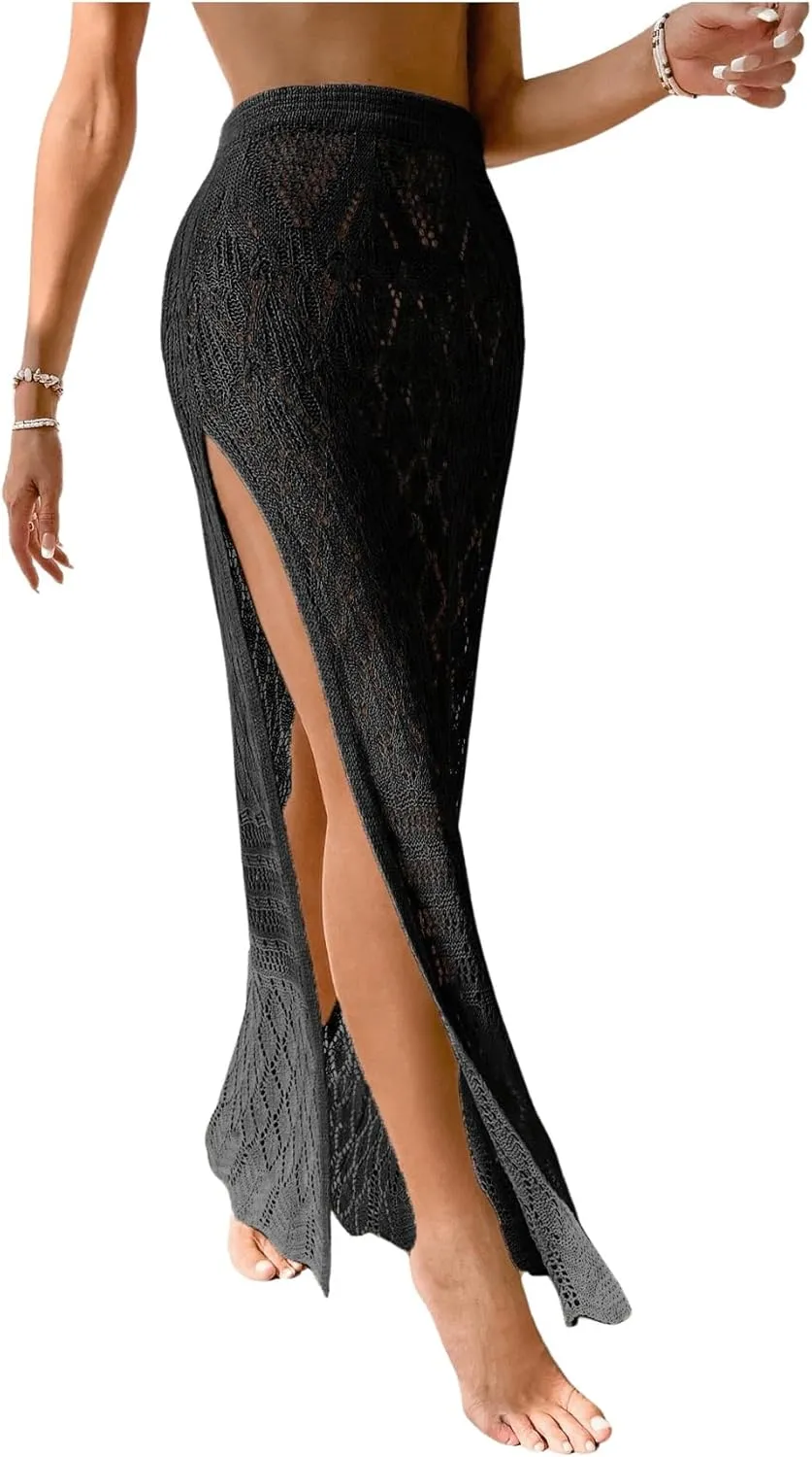 SHENHE Women's Crochet Swim Cover Up High Slit Sheer Long Beach Skirt Cover Up