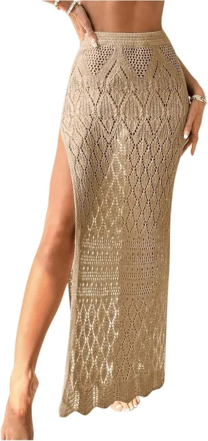 SHENHE Women's Crochet Swim Cover Up High Slit Sheer Long Beach Skirt Cover Up