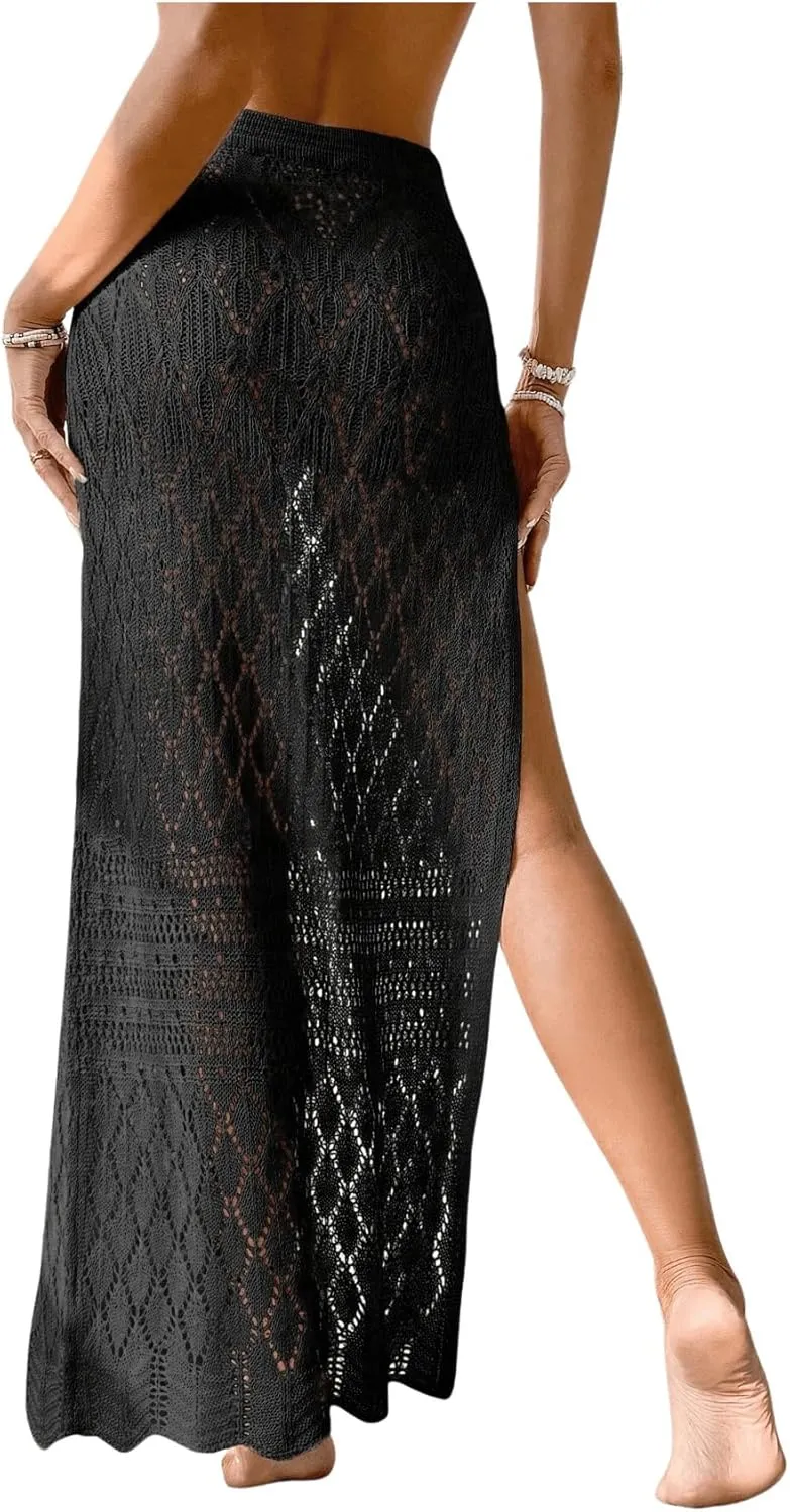 SHENHE Women's Crochet Swim Cover Up High Slit Sheer Long Beach Skirt Cover Up