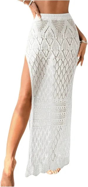 SHENHE Women's Crochet Swim Cover Up High Slit Sheer Long Beach Skirt Cover Up