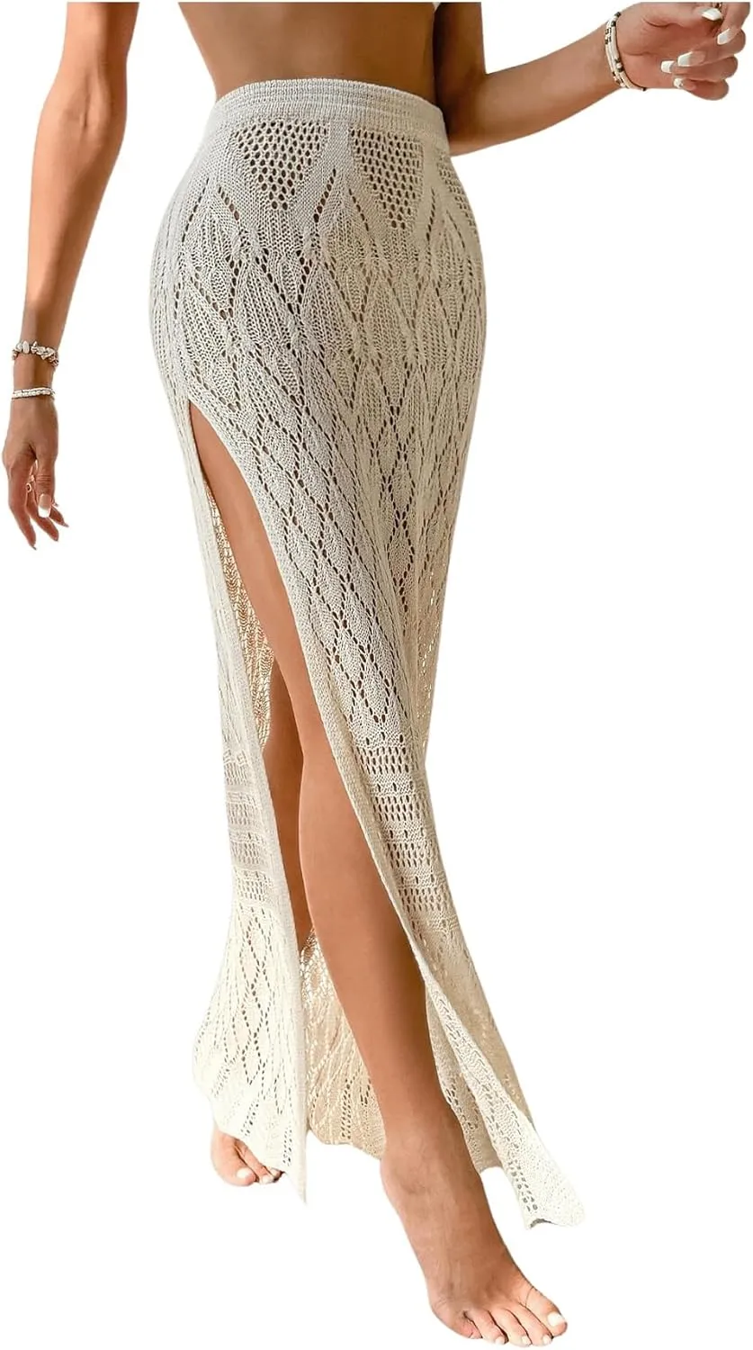 SHENHE Women's Crochet Swim Cover Up High Slit Sheer Long Beach Skirt Cover Up