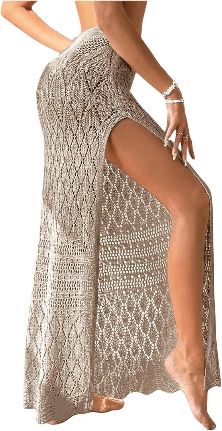 SHENHE Women's Crochet Swim Cover Up High Slit Sheer Long Beach Skirt Cover Up
