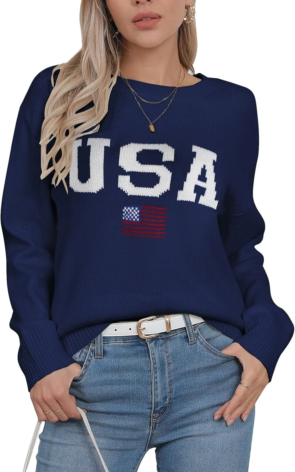 shermie Women's Long Sleeve Crew Neck Sweater Casual Lightweight American Flag Pullover Sweaters