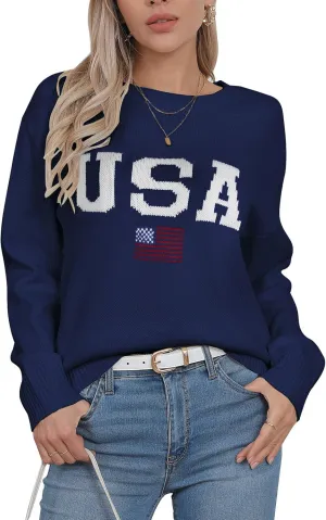 shermie Women's Long Sleeve Crew Neck Sweater Casual Lightweight American Flag Pullover Sweaters