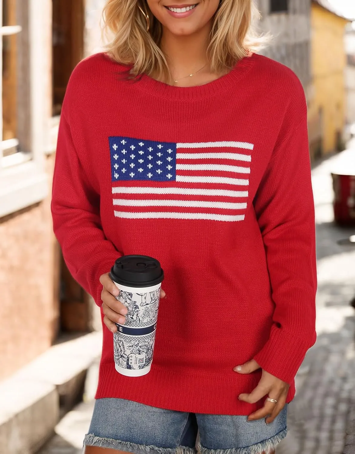 shermie Women's Long Sleeve Crew Neck Sweater Casual Lightweight American Flag Pullover Sweaters
