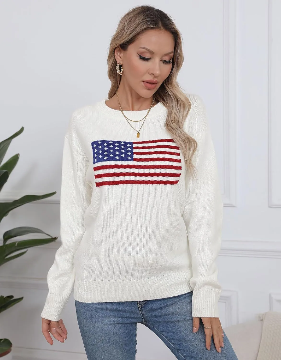shermie Women's Long Sleeve Crew Neck Sweater Casual Lightweight American Flag Pullover Sweaters