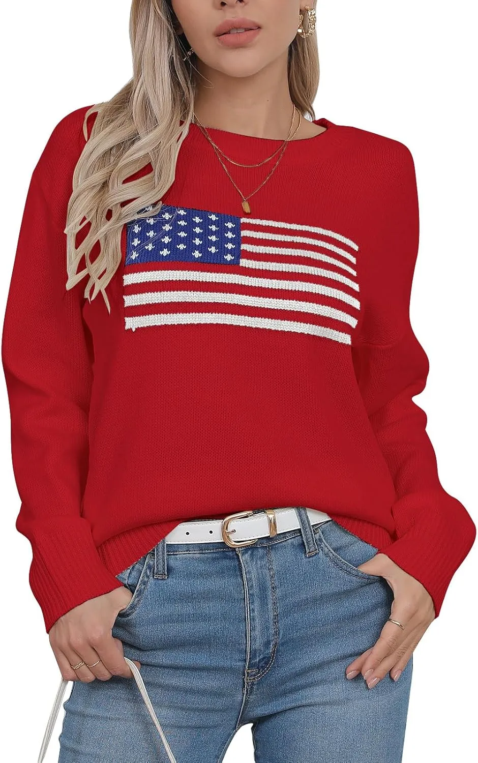 shermie Women's Long Sleeve Crew Neck Sweater Casual Lightweight American Flag Pullover Sweaters