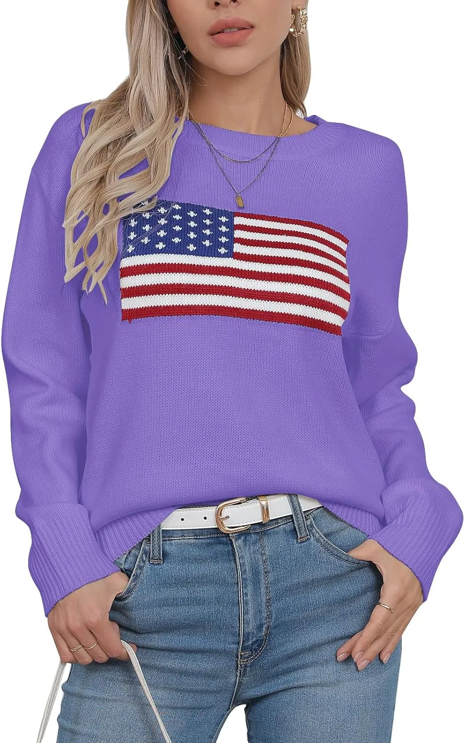 shermie Women's Long Sleeve Crew Neck Sweater Casual Lightweight American Flag Pullover Sweaters