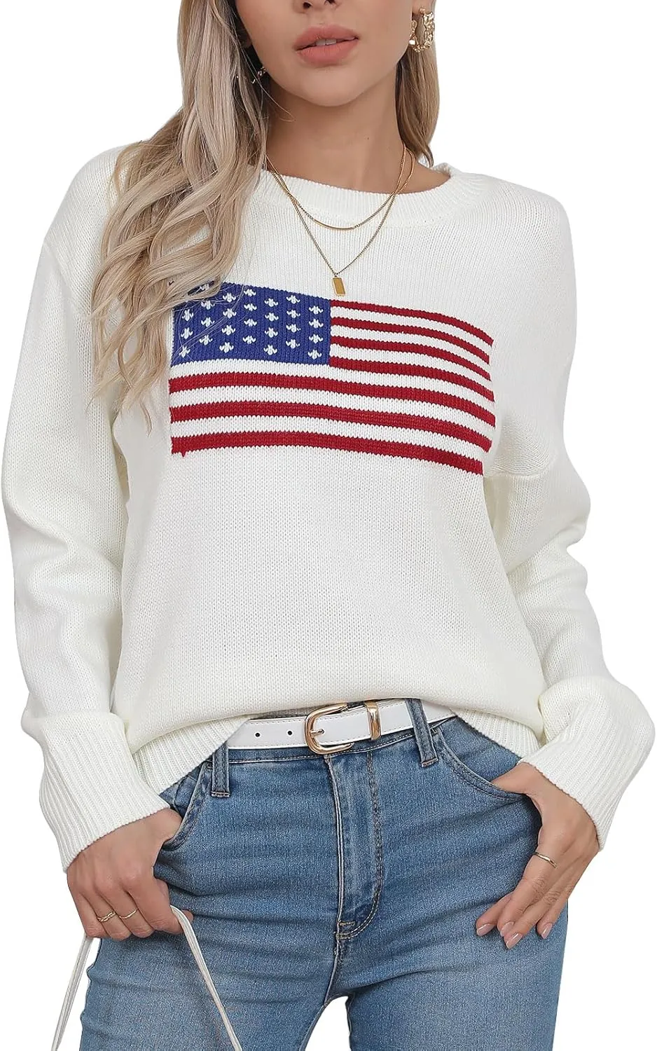 shermie Women's Long Sleeve Crew Neck Sweater Casual Lightweight American Flag Pullover Sweaters