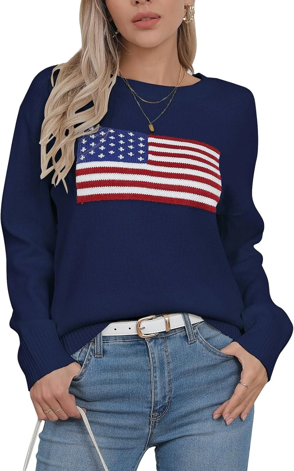 shermie Women's Long Sleeve Crew Neck Sweater Casual Lightweight American Flag Pullover Sweaters