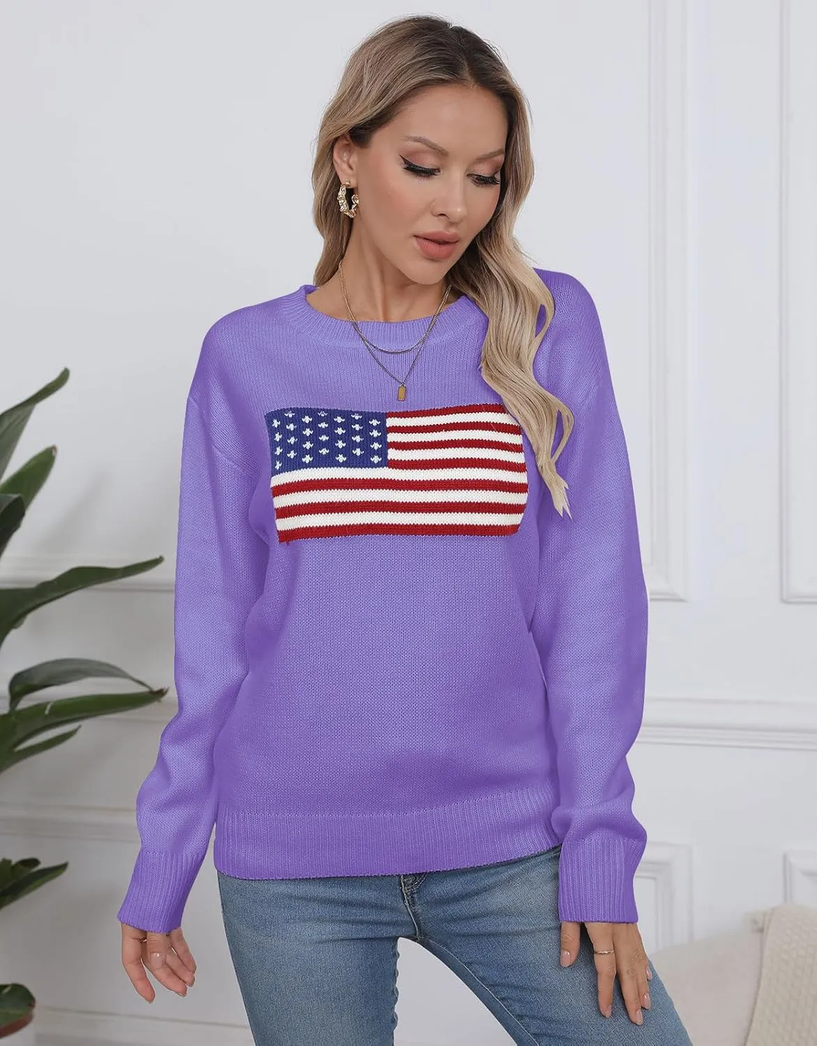 shermie Women's Long Sleeve Crew Neck Sweater Casual Lightweight American Flag Pullover Sweaters