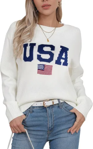 shermie Women's Long Sleeve Crew Neck Sweater Casual Lightweight American Flag Pullover Sweaters