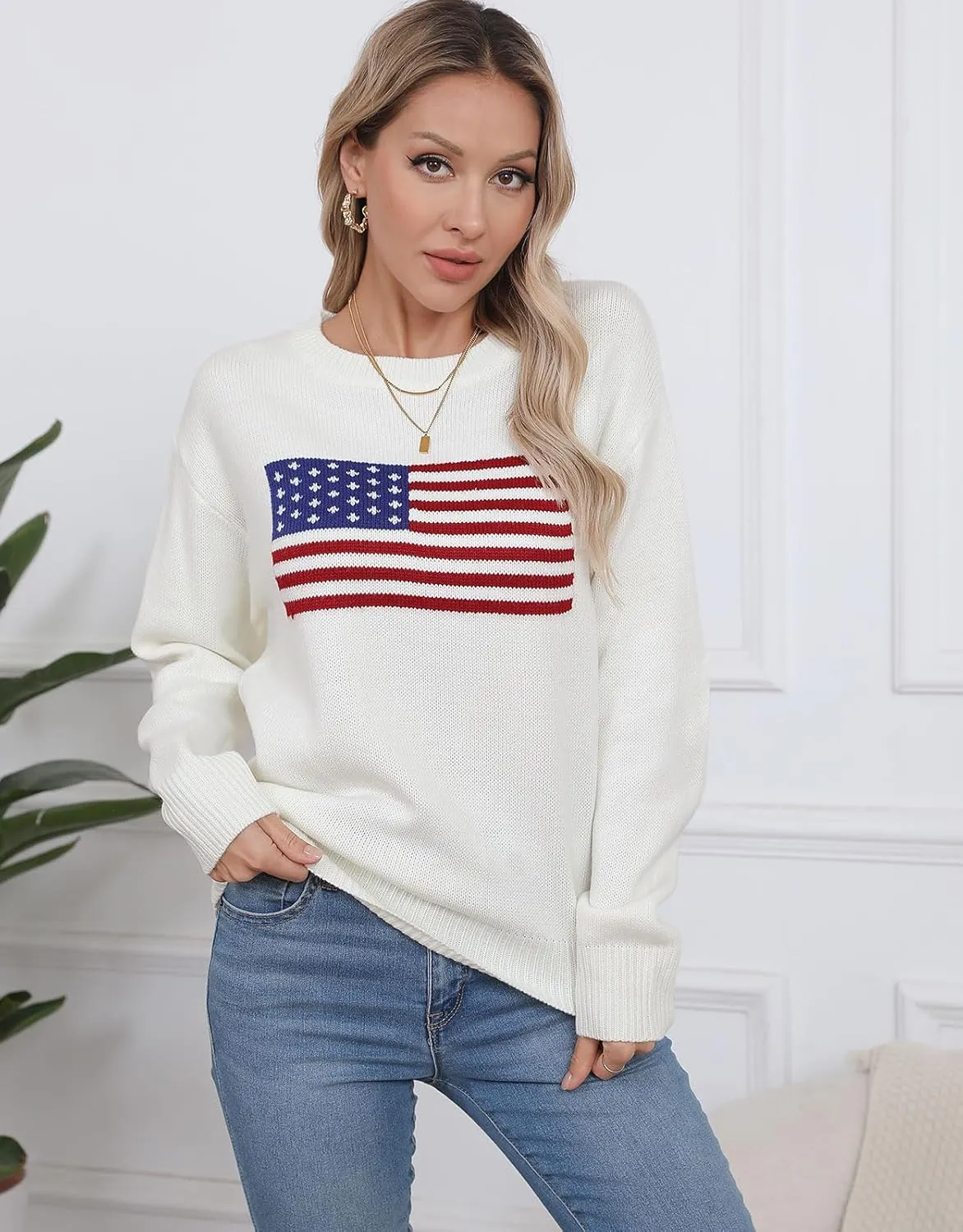 shermie Women's Long Sleeve Crew Neck Sweater Casual Lightweight American Flag Pullover Sweaters