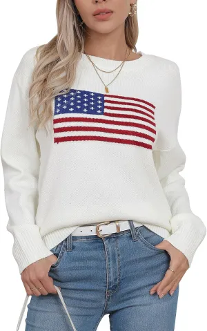 shermie Women's Long Sleeve Crew Neck Sweater Casual Lightweight American Flag Pullover Sweaters