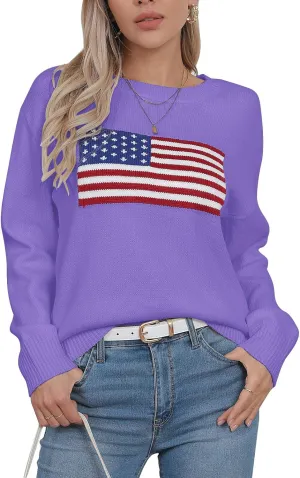 shermie Women's Long Sleeve Crew Neck Sweater Casual Lightweight American Flag Pullover Sweaters