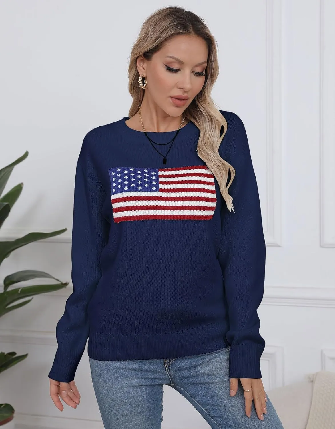 shermie Women's Long Sleeve Crew Neck Sweater Casual Lightweight American Flag Pullover Sweaters