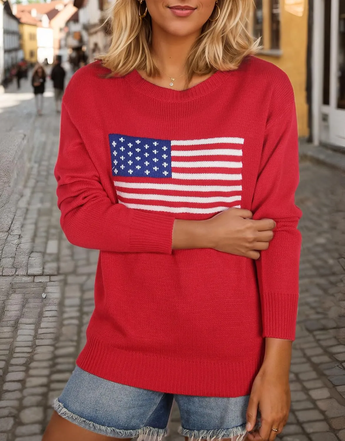 shermie Women's Long Sleeve Crew Neck Sweater Casual Lightweight American Flag Pullover Sweaters
