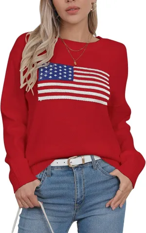 shermie Women's Long Sleeve Crew Neck Sweater Casual Lightweight American Flag Pullover Sweaters