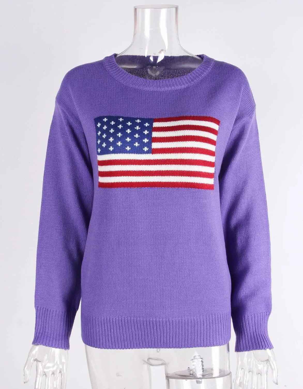 shermie Women's Long Sleeve Crew Neck Sweater Casual Lightweight American Flag Pullover Sweaters