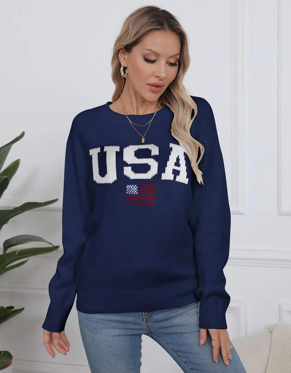 shermie Women's Long Sleeve Crew Neck Sweater Casual Lightweight American Flag Pullover Sweaters